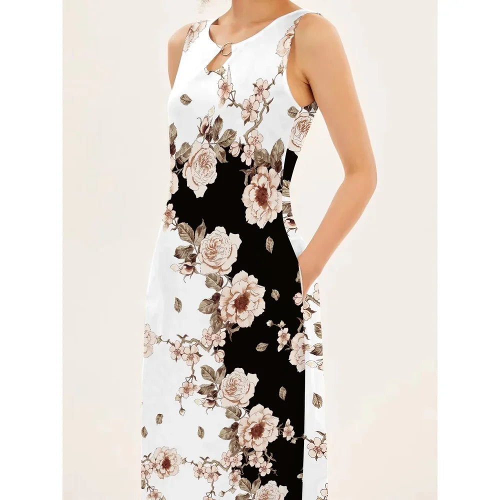 Flower Print New Casual Sleeveless Long Dress Women's V-Neck Printed Dress Swing Bohemian Retro Dresses.