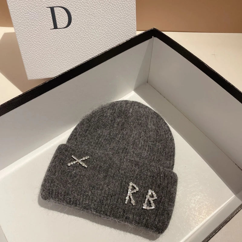 Luxury Rabbit Fur Beanie with Diamond Letters for Women - Cozy Winter Knitted Hat for Casual Outdoor Activities.