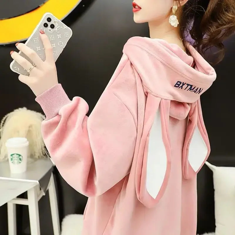 Autumn Sweet Women Hoodies Korean Style Fashion Cute Rabbit Ears Hooded Pullovers Loose Long Sleeve Kawaii Sweatshirts Female.