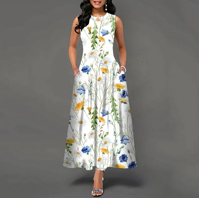 Flower Print New Casual Sleeveless Long Dress Women's V-Neck Printed Dress Swing Bohemian Retro Dresses.