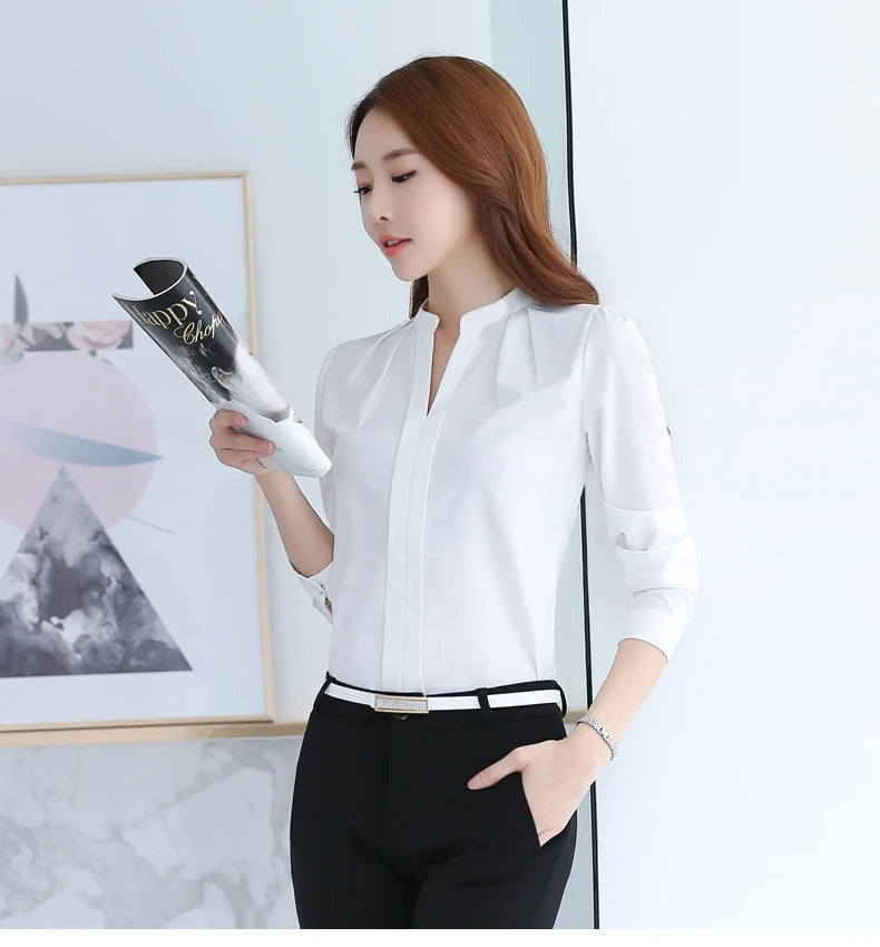 Chiffon Blouse Women Korean Fashion Women Clothing White Shirt  Long Sleeve Blouses V-neck Womens Tops Basic Shirts and Blouses - Elevate Your Body