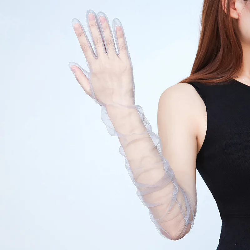 Elegant Elbow-Length Sheer Tulle Gloves for Weddings and Costume Parties.