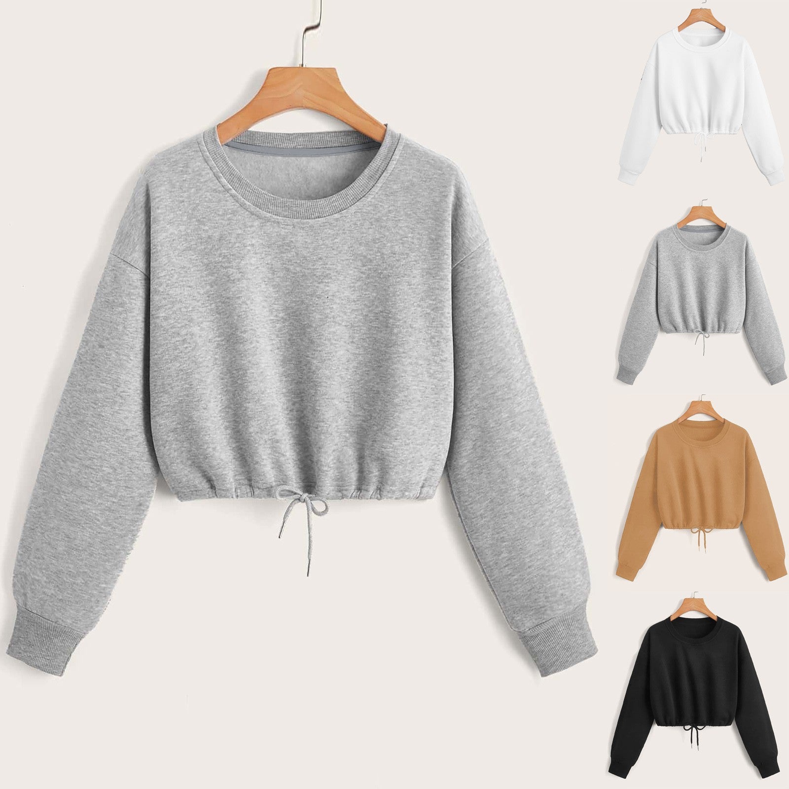 Women Long Sleeve Sweatshirt Fashion Solid Crop Top Soft Daily Loose Drawstring Hem Womens O-Neck Trendy Basic Femme Pullovers.