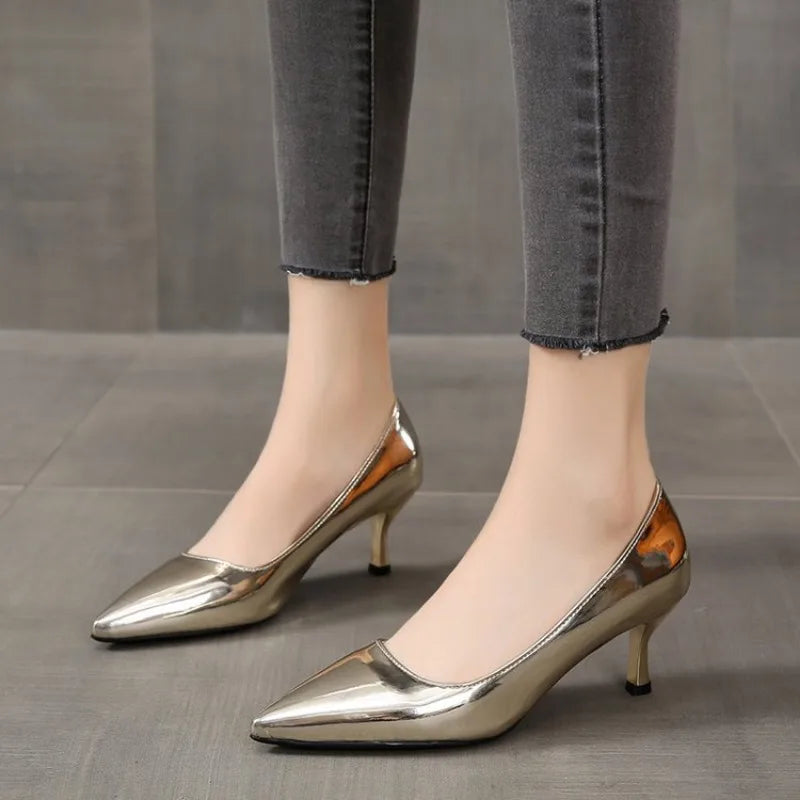 2024 Fashion Women Patent Leather High Heels Lady Pointe Toe Gold Silver Heels Pumps Female Wedding Bridal Shoes Plus Size 35-45.