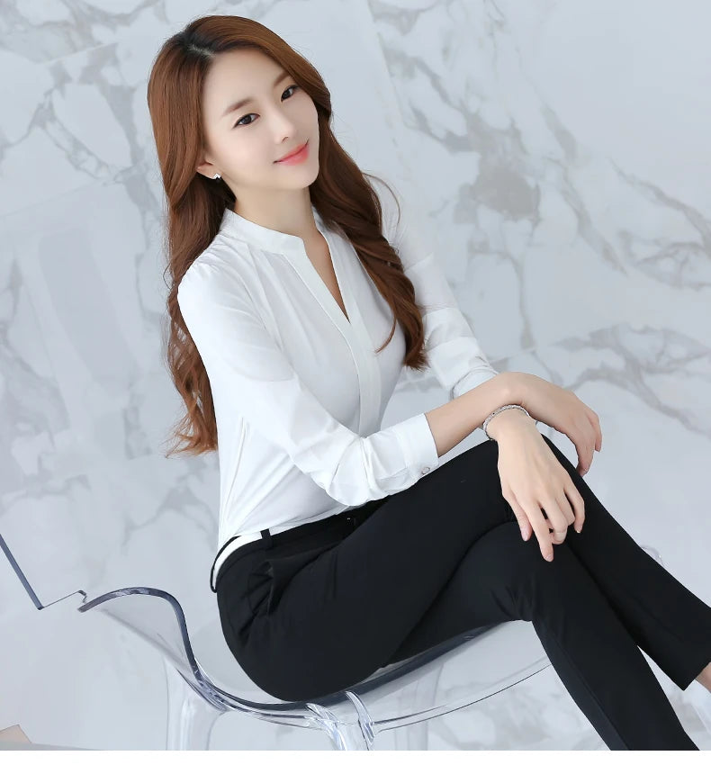 Chiffon Blouse Women Korean Fashion Women Clothing White Shirt  Long Sleeve Blouses V-neck Womens Tops Basic Shirts and Blouses - Elevate Your Body