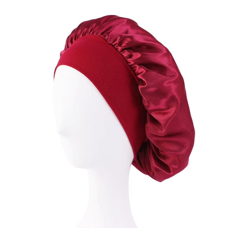 Satin Solid Wide-Brimmed Unisex Sleeping Hat - Elastic Band Hair Care Bonnet for Night Use.