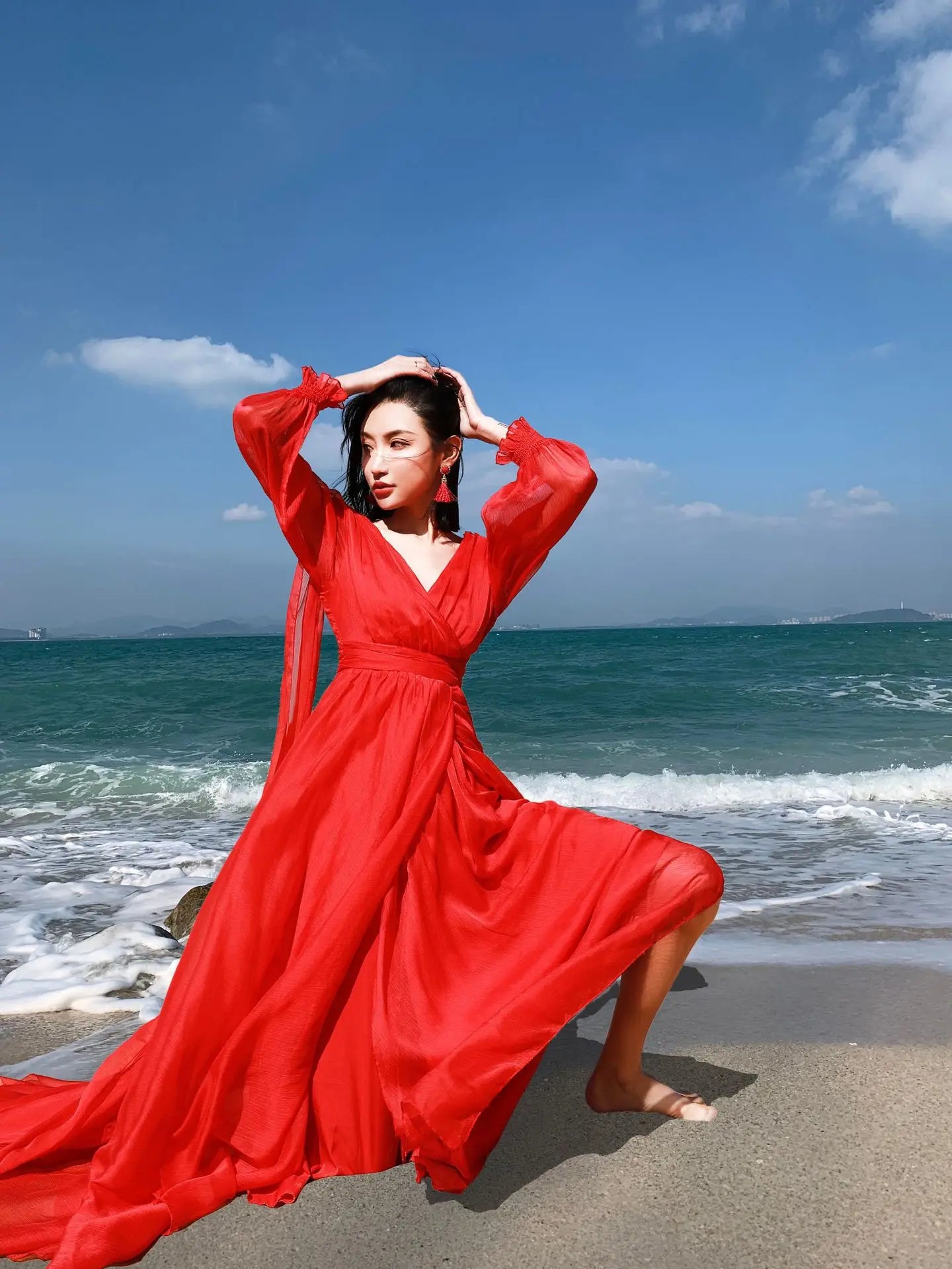 Khalee Yose Vintage Chic Boho Red Maxi Dress V-neck Long Sleeve Women Sexy Ladies Ruffles Holiday Beach Dresses Vestidos 23XXXL.