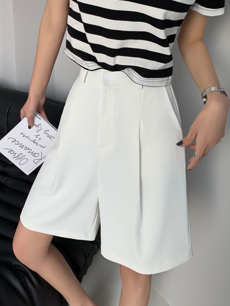 Women's Summer Shorts 2024 Long with High Waist Female Loose White Classic Knee-Length Office Wide Women's Shorts Black Candy.