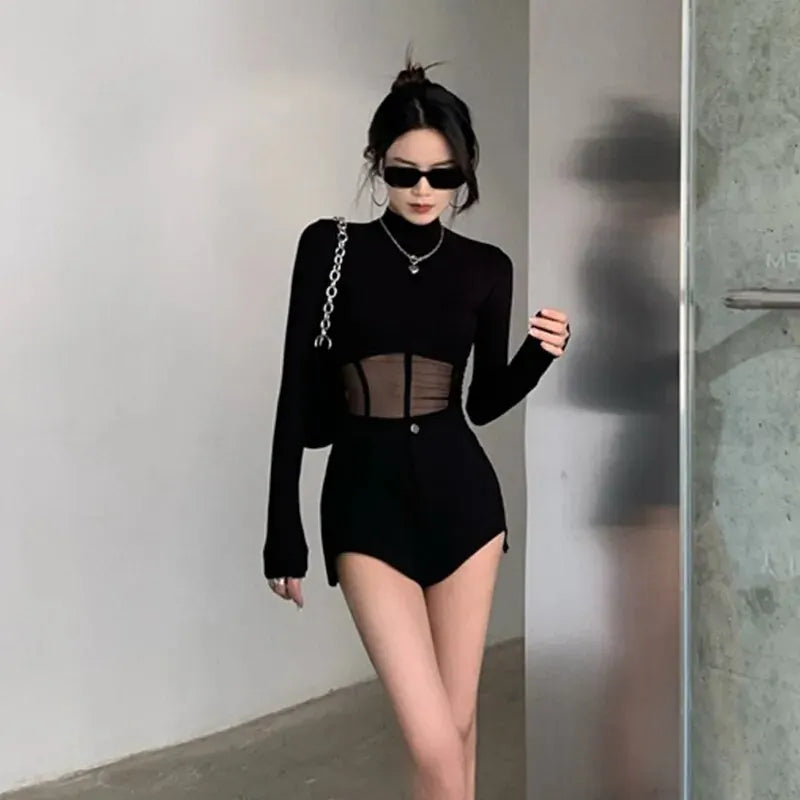 Women Summer T-shirts Sexy Transparent Mesh Crop Tops Long Sleeve Shirts Y2K Ladies Black Clubwear Skinny Slim Tees Clothes.