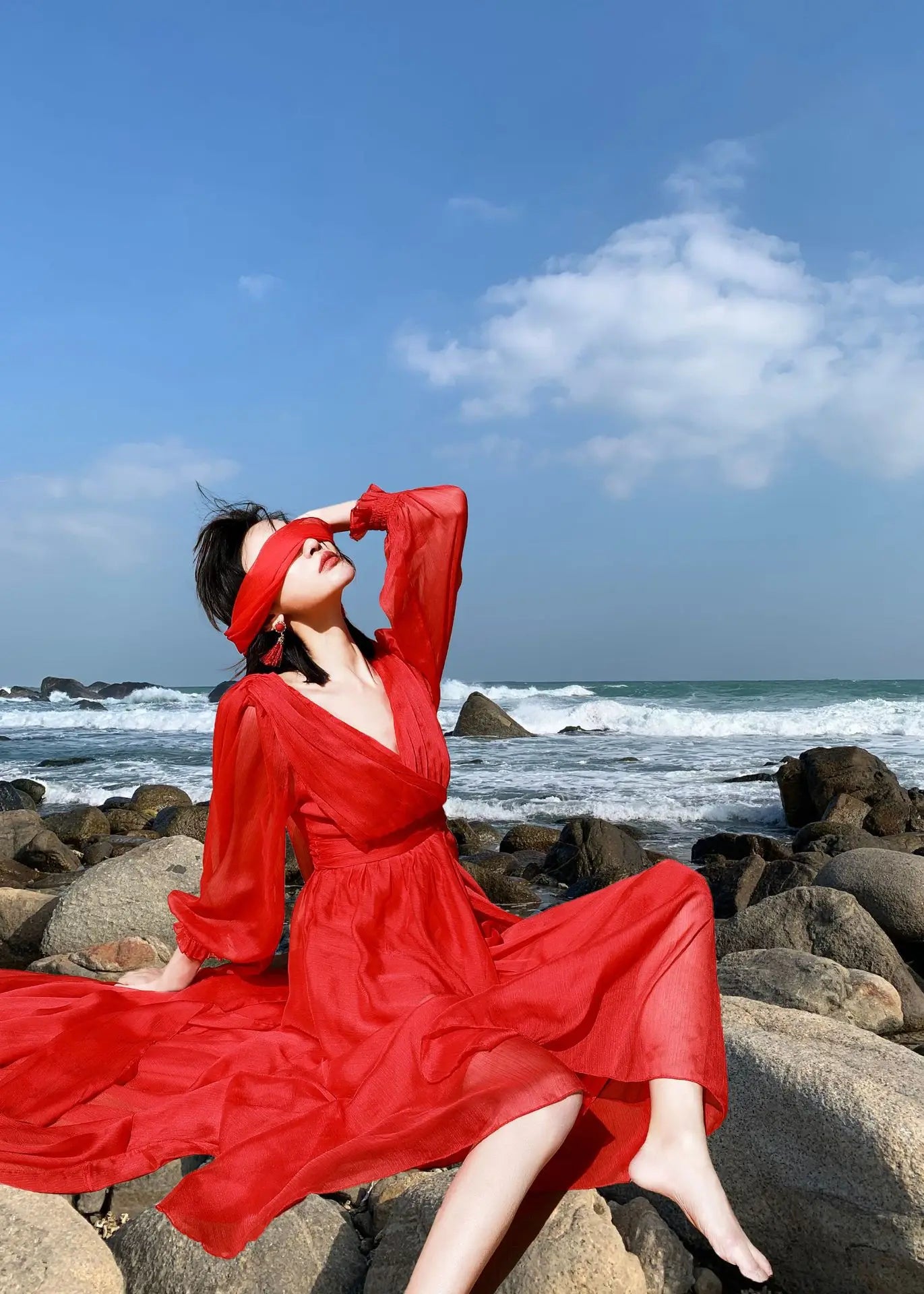 Khalee Yose Vintage Chic Boho Red Maxi Dress V-neck Long Sleeve Women Sexy Ladies Ruffles Holiday Beach Dresses Vestidos 23XXXL.