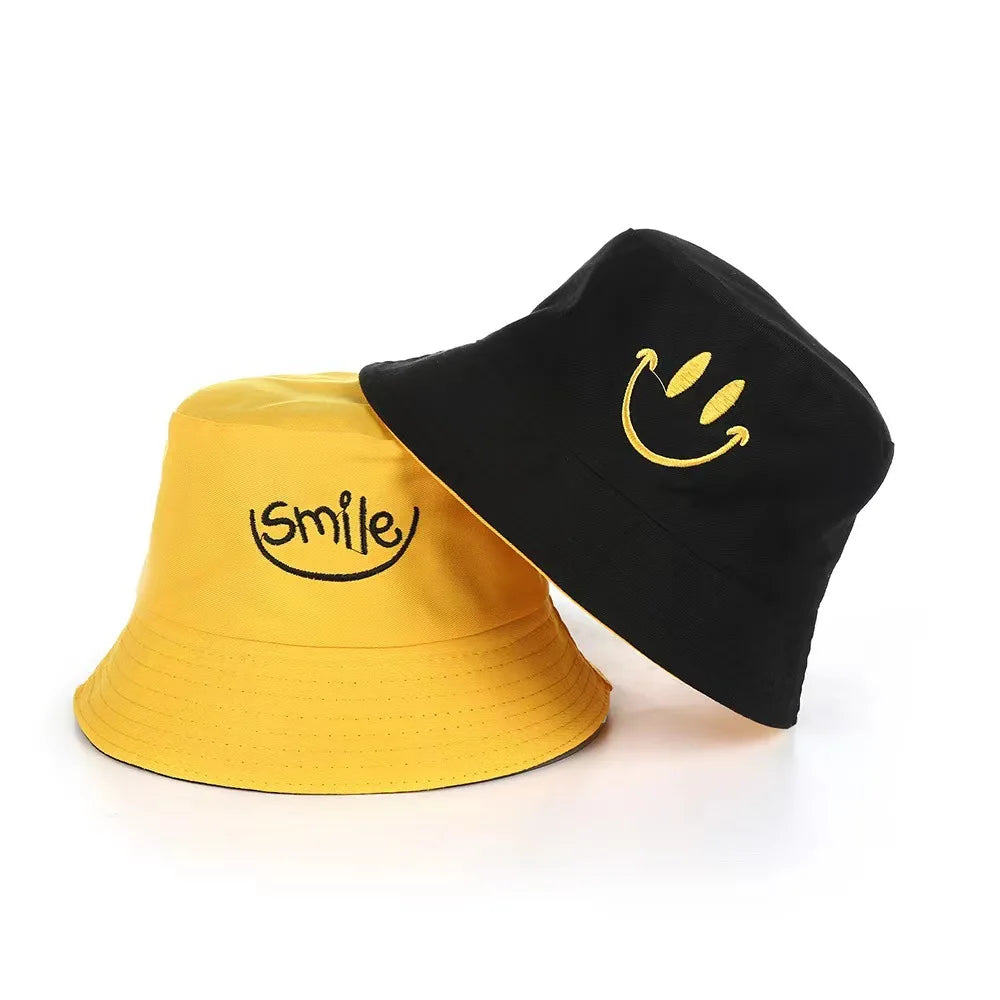 Unisex Smile Embroidered Bucket Hat - Double-Sided Cotton Corduroy Bob Cap for Beach, Fishing, and Casual Outings.