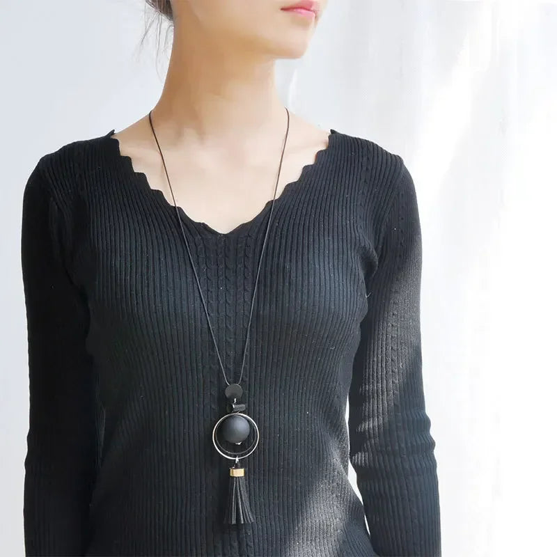 Fashion Sweater Chain Necklaces For Women Geometric Circle Moon Square Ball Pendant Long Tassel  Snake Link Jewelry.