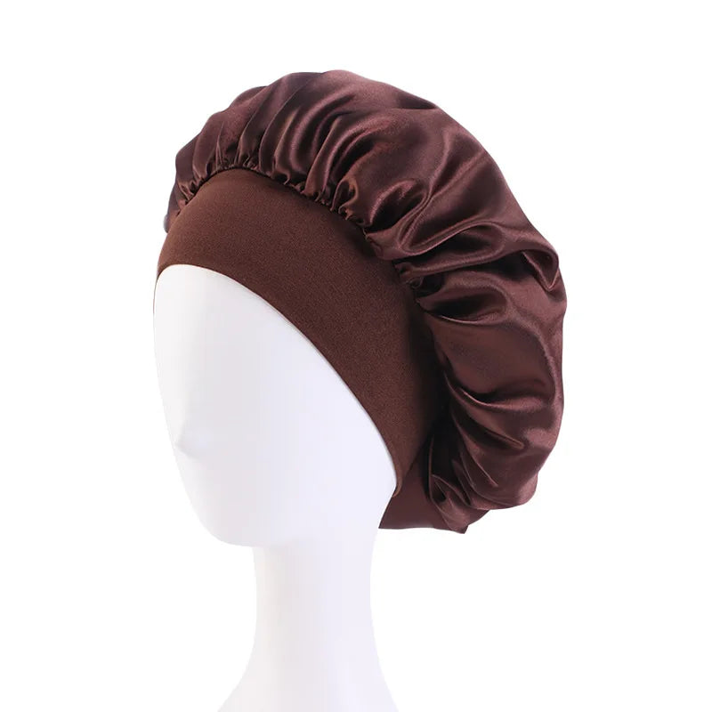 Satin Solid Wide-Brimmed Unisex Sleeping Hat - Elastic Band Hair Care Bonnet for Night Use