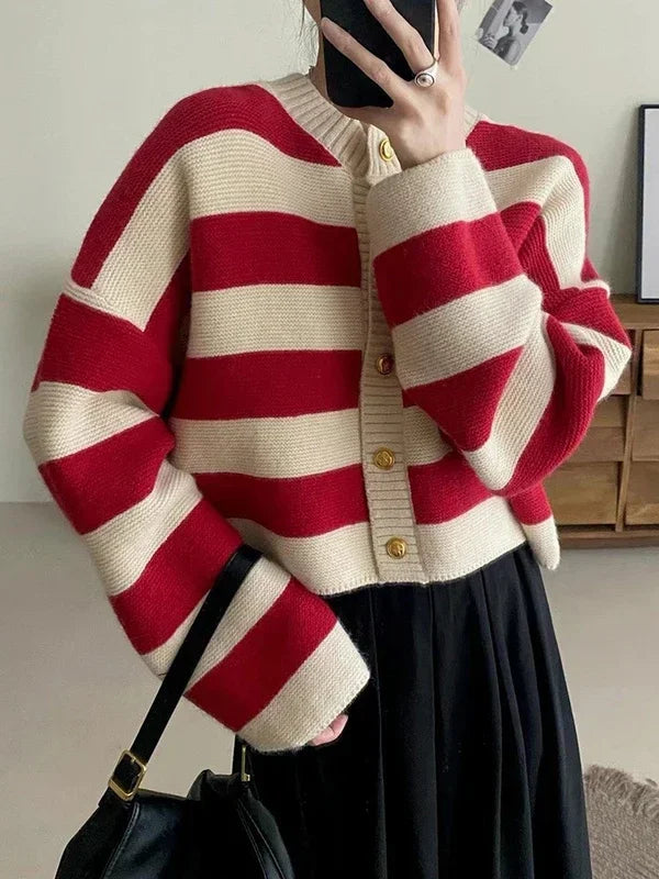 Korean fashion sweater cardigan women knitted striped sweater autumn winter long sleeve loose short cardigans female casual tops.