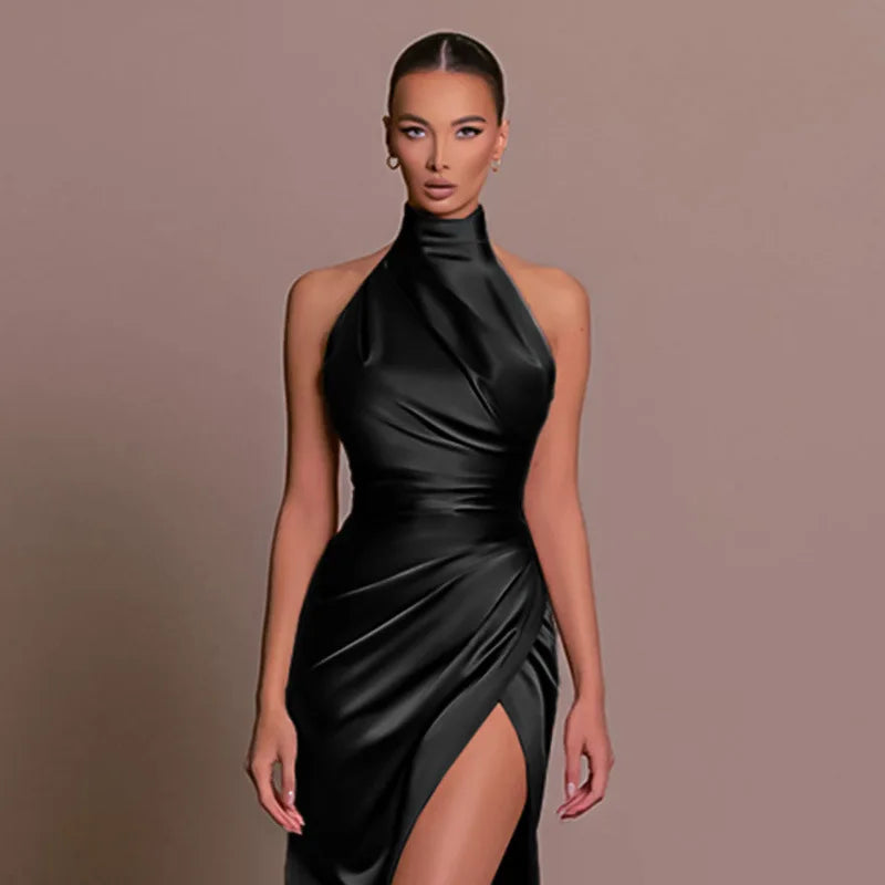 Women Elegant Long Evening Cocktail Party Dress Sexy Halter Backless Ruched High Split Bodycon Wedding Guest Bridesmaid Dress - Elevate Your Body