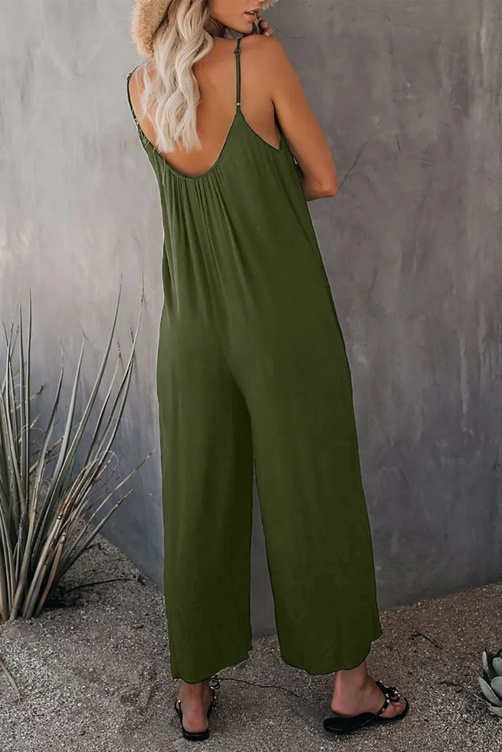 European and American Suspender  Women's 2023 Summer New Foreign Trade Tolid Color Pocket Casual Jumpsuit.