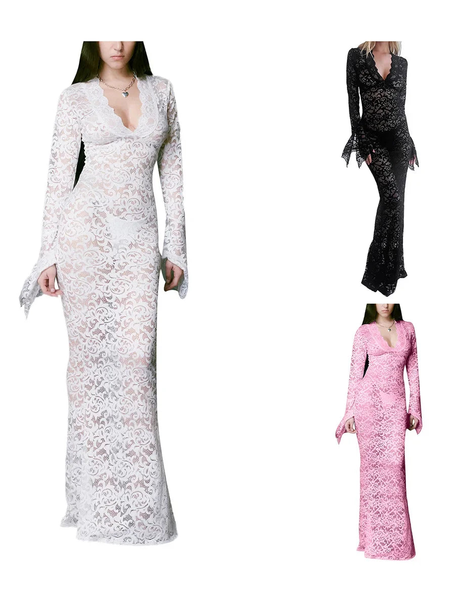 Women Long Fitted Dress Long Sleeve V Neck See-though Evening Dress Lace Floral Party Dress.