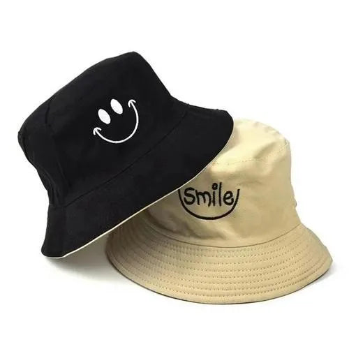 Unisex Smile Embroidered Bucket Hat - Double-Sided Cotton Corduroy Bob Cap for Beach, Fishing, and Casual Outings.