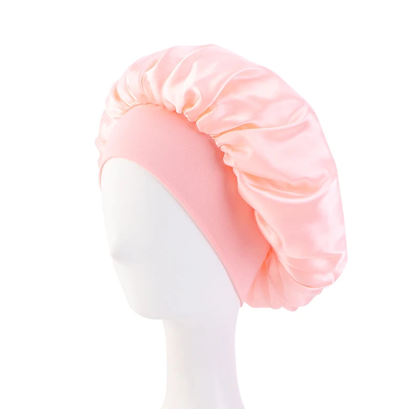 Satin Solid Wide-Brimmed Unisex Sleeping Hat - Elastic Band Hair Care Bonnet for Night Use.