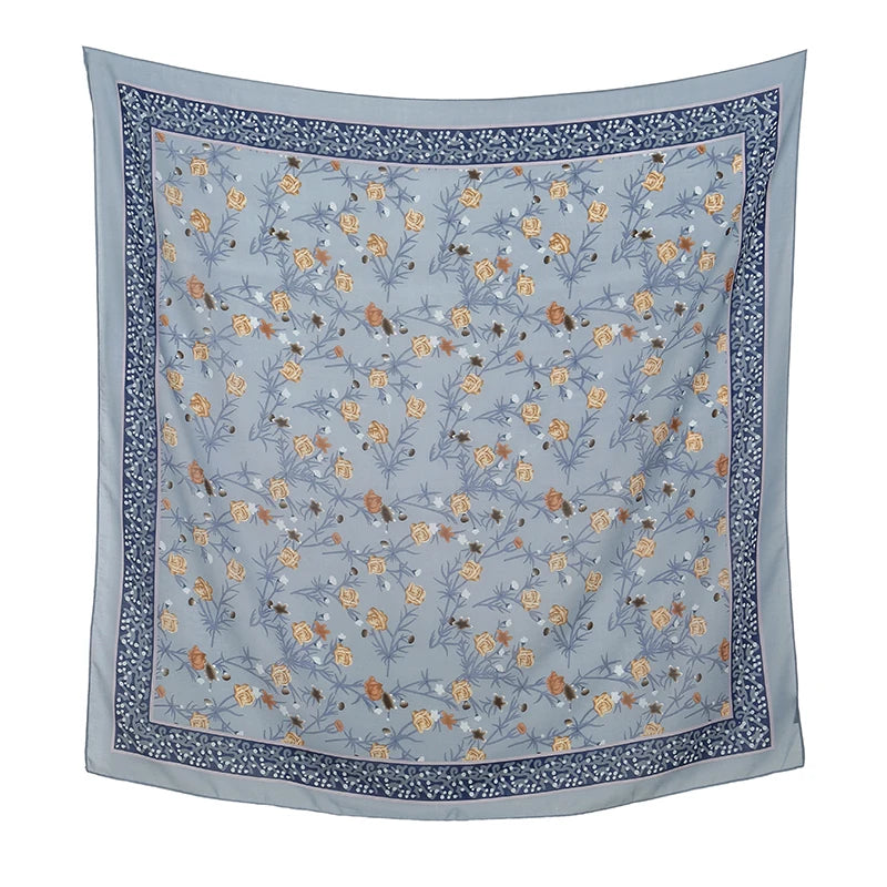 110x110cm Floral Printed Cotton Linen Scarf for Women - Versatile Neckerchief, Turban, and Headband.