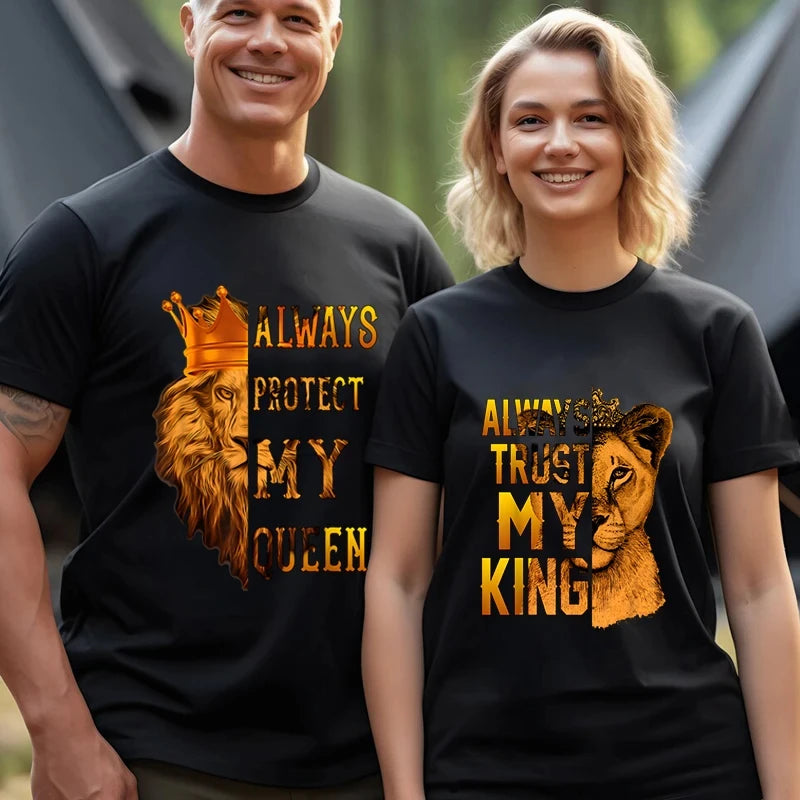 Lion King and Queen Couples T Shirt Letters Print Top Fashion Short Sleeve Couple Clothes Korean Oversized Tshirt Women Men Tees.