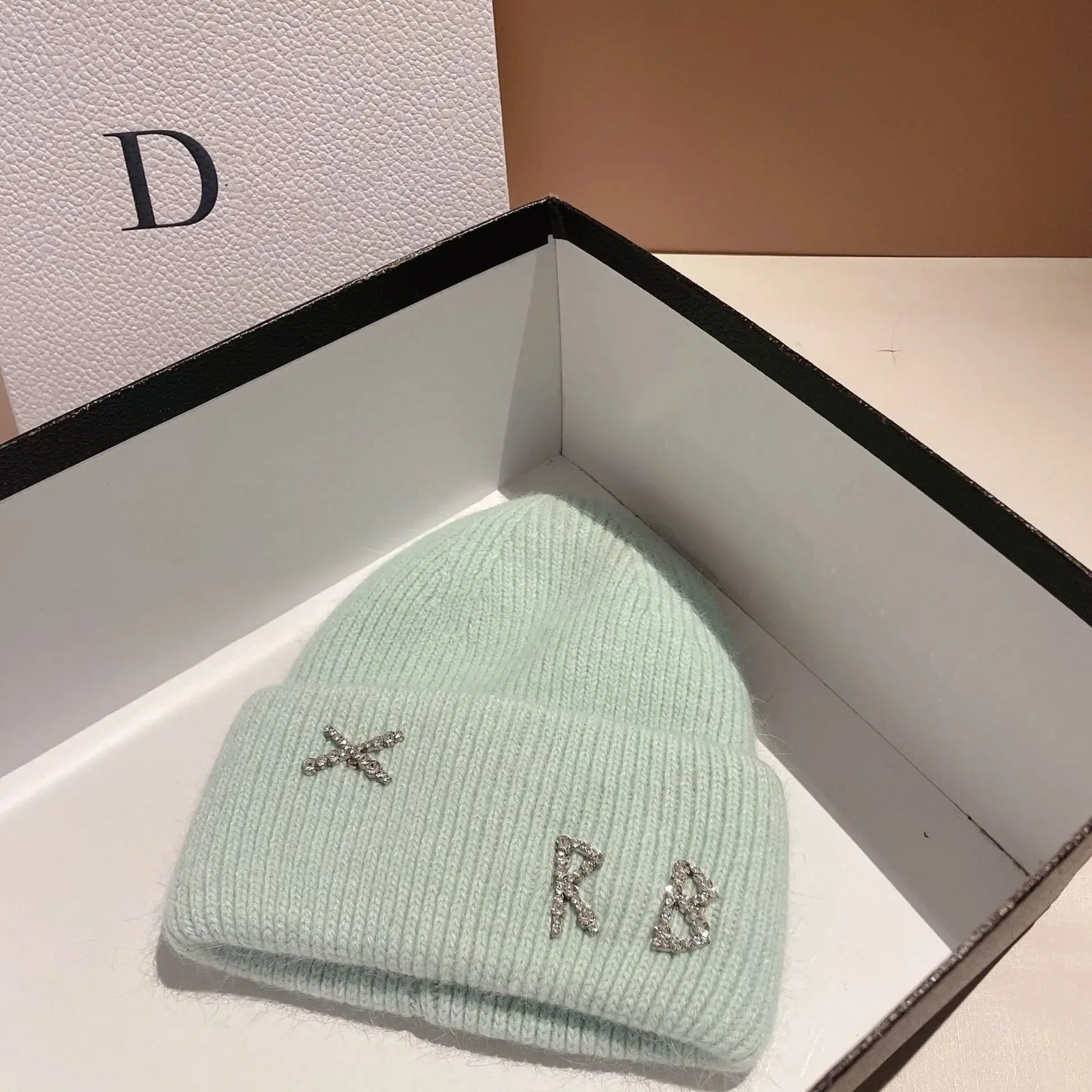 Luxury Rabbit Fur Beanie with Diamond Letters for Women - Cozy Winter Knitted Hat for Casual Outdoor Activities