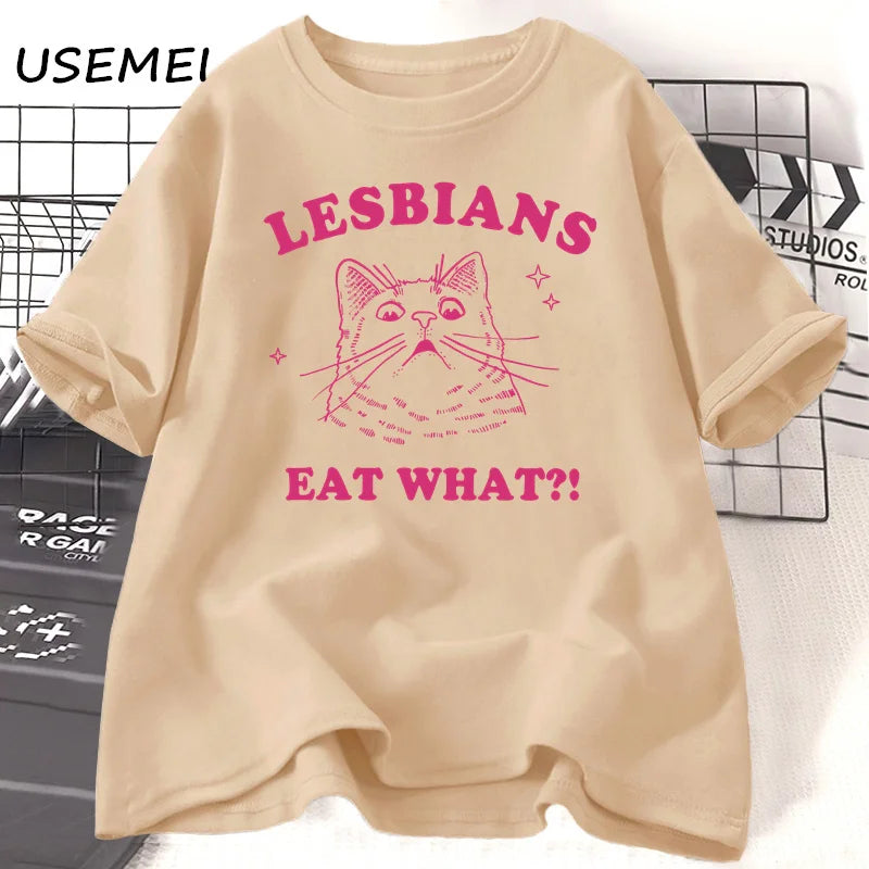 LGBT Lesbians Eat What Cat T Shirts Funny Gay Pride T-Shirts LGBTQ 90s Cat Lover Graphic T Shirts Aesthetic Women's Clothing Top.