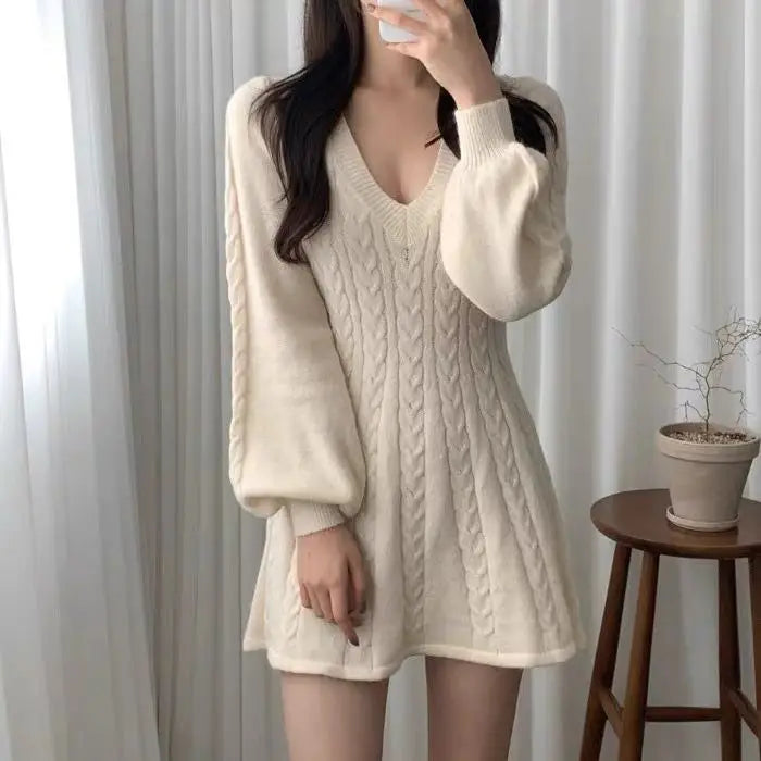 Autumn Winter V-Neck Screw Thread Women's Clothing Solid Color Pullover Long Sleeve Sweater Knitted Casual A-Line Dresses.