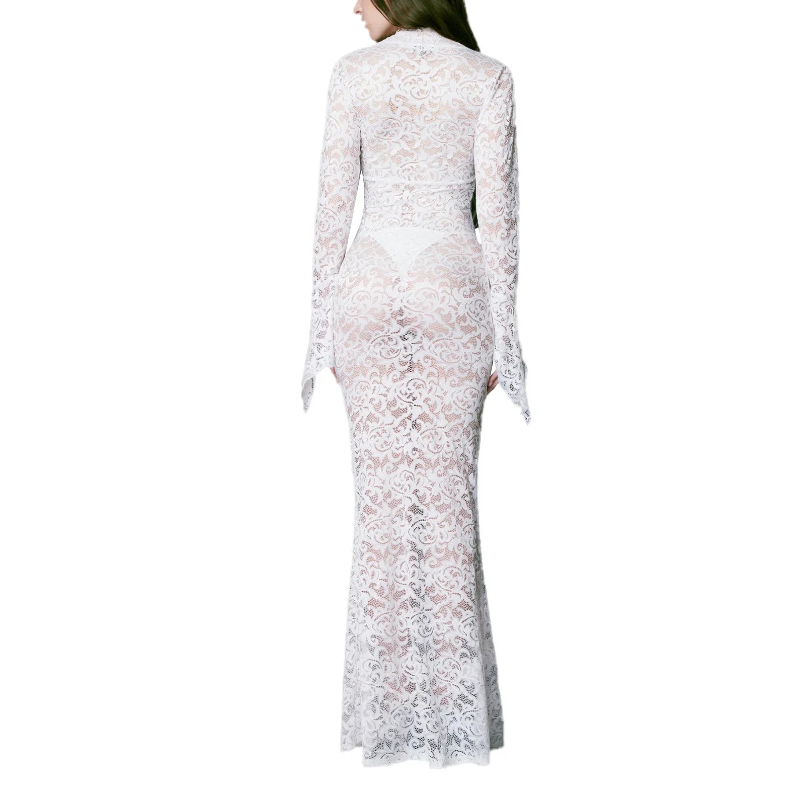 Women Long Fitted Dress Long Sleeve V Neck See-though Evening Dress Lace Floral Party Dress.