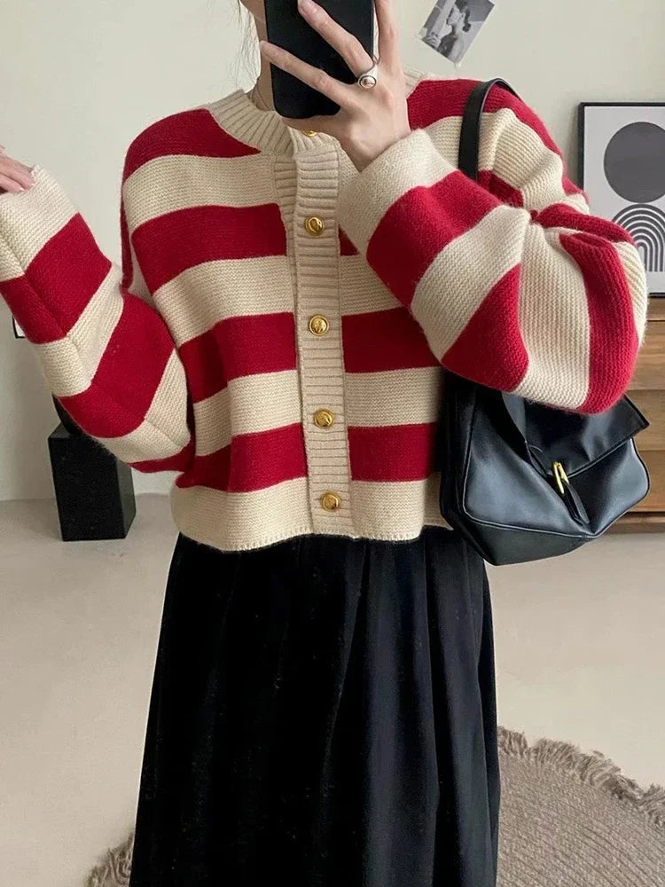 Korean fashion sweater cardigan women knitted striped sweater autumn winter long sleeve loose short cardigans female casual tops.