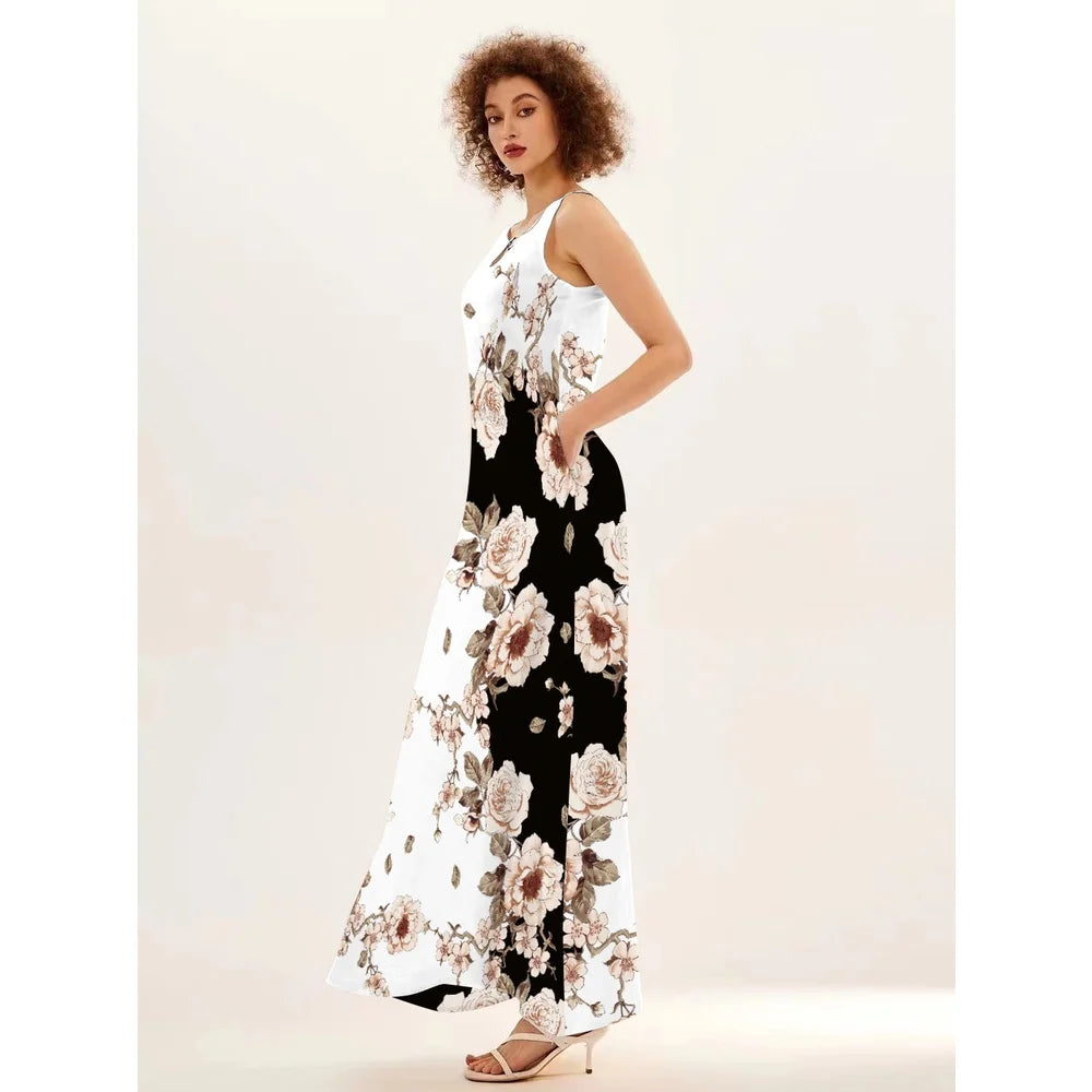 Flower Print New Casual Sleeveless Long Dress Women's V-Neck Printed Dress Swing Bohemian Retro Dresses - Elevate Your Body