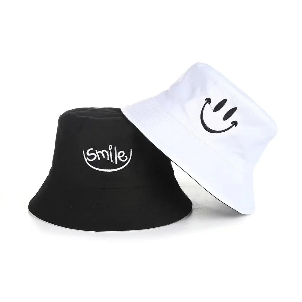 Unisex Smile Embroidered Bucket Hat - Double-Sided Cotton Corduroy Bob Cap for Beach, Fishing, and Casual Outings.