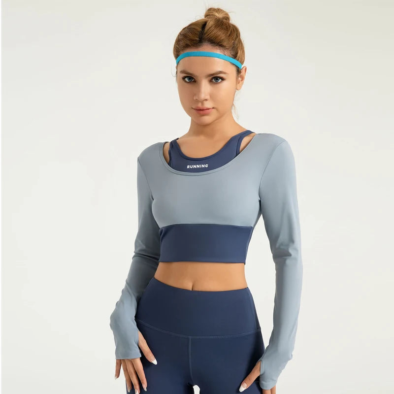 Women Yoga T-shirts Long Sleeve Gym Sport Top Fake Two-piece Built-in Cup Workout Running Shirts Sexy Exposed Navel Yoga Cloths.