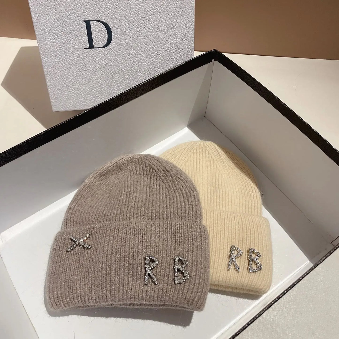 Luxury Rabbit Fur Beanie with Diamond Letters for Women - Cozy Winter Knitted Hat for Casual Outdoor Activities