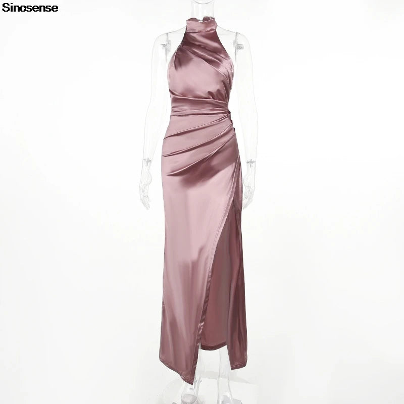 Women Elegant Long Evening Cocktail Party Dress Sexy Halter Backless Ruched High Split Bodycon Wedding Guest Bridesmaid Dress.