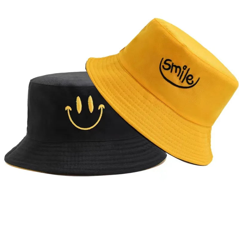 Unisex Smile Embroidered Bucket Hat - Double-Sided Cotton Corduroy Bob Cap for Beach, Fishing, and Casual Outings