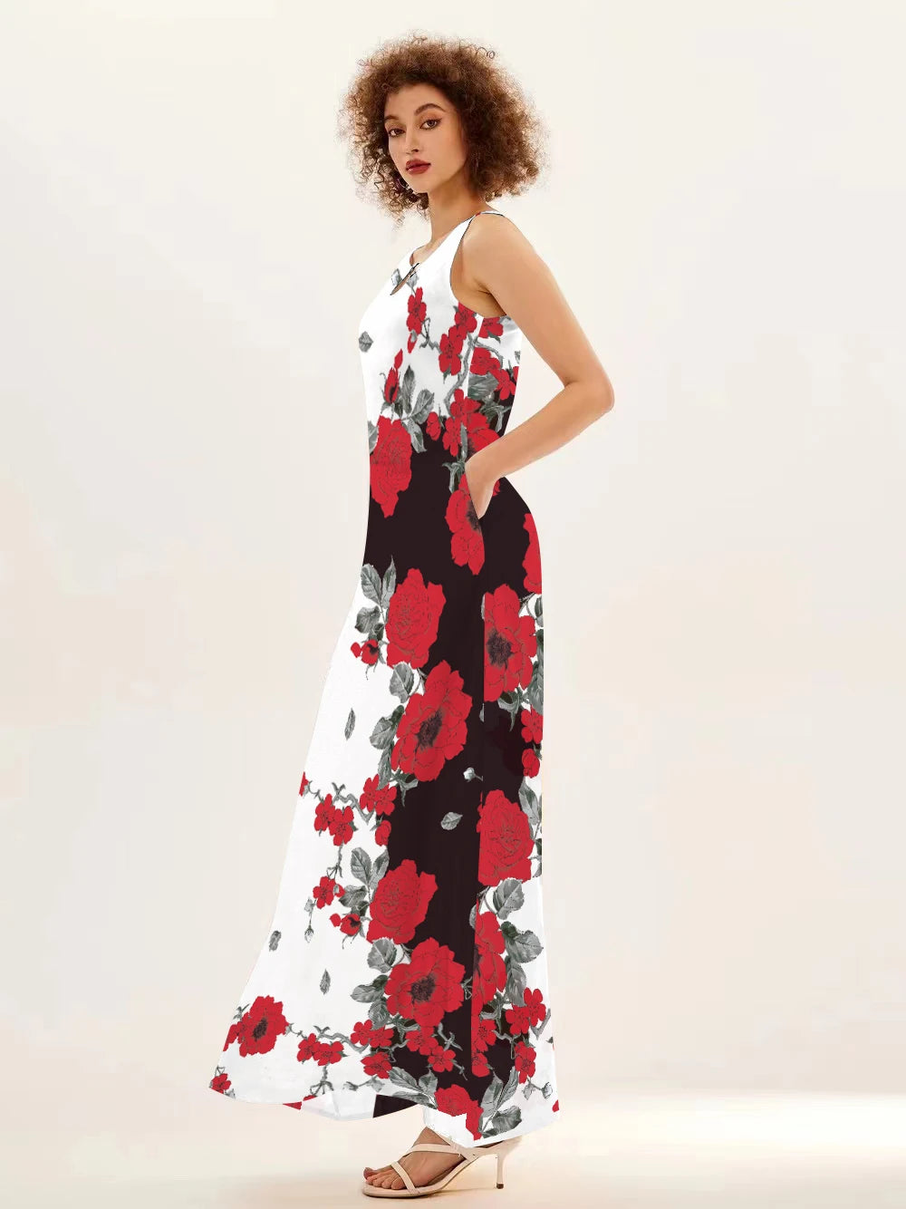 Flower Print New Casual Sleeveless Long Dress Women's V-Neck Printed Dress Swing Bohemian Retro Dresses - Elevate Your Body