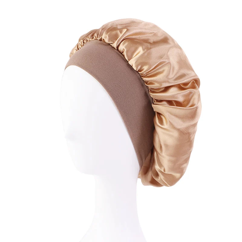 Satin Solid Wide-Brimmed Unisex Sleeping Hat - Elastic Band Hair Care Bonnet for Night Use.