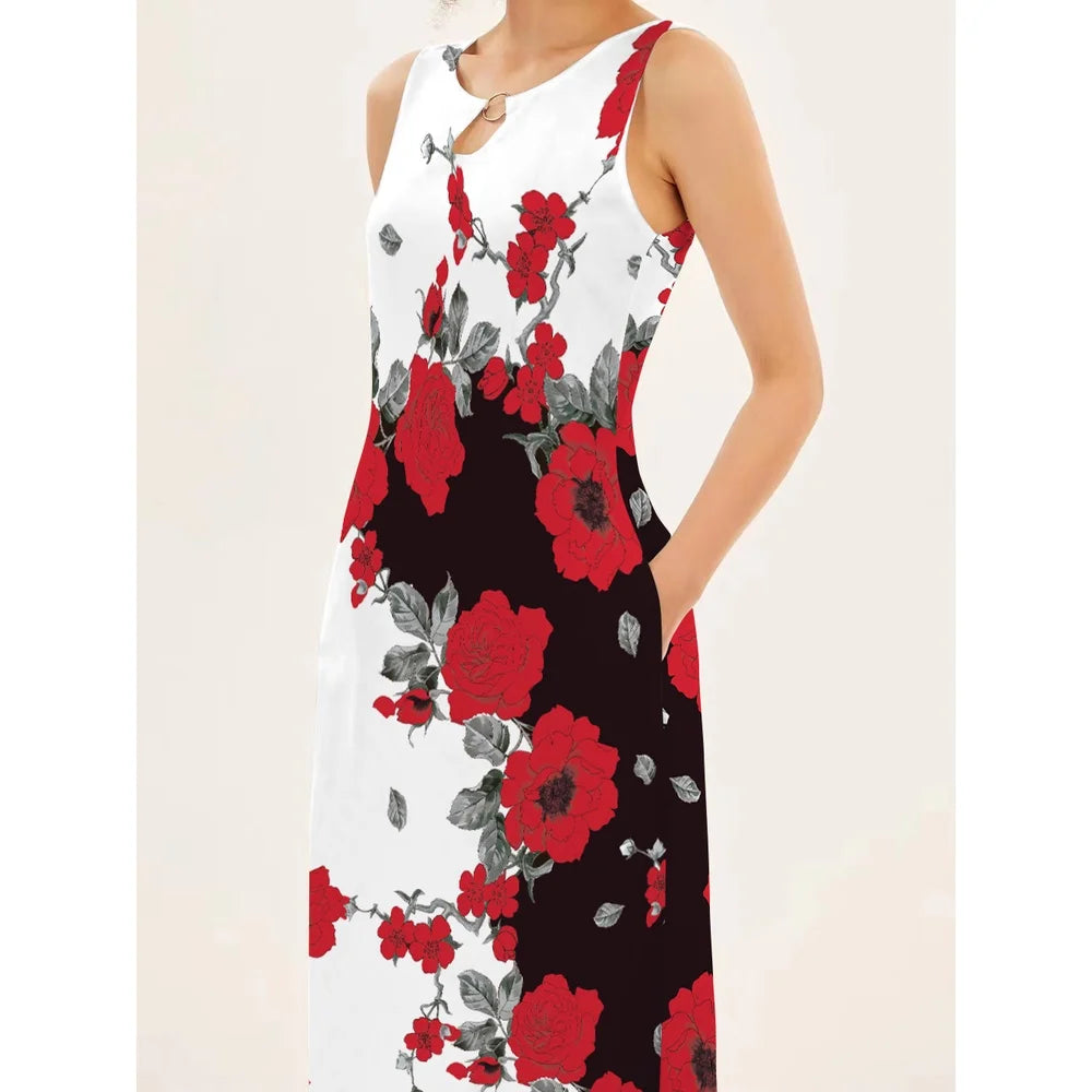 Flower Print New Casual Sleeveless Long Dress Women's V-Neck Printed Dress Swing Bohemian Retro Dresses - Elevate Your Body