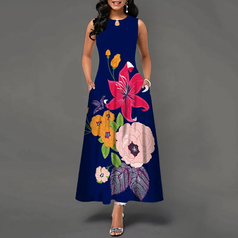 Flower Print New Casual Sleeveless Long Dress Women's V-Neck Printed Dress Swing Bohemian Retro Dresses - Elevate Your Body