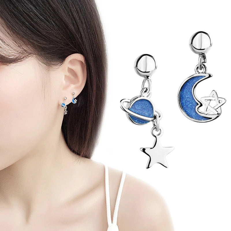 CIAXY Silver Color Earring Chain Asymmetrical Star Moon Long Tassel Earrings For Women Party Jewelry Gifts aretes de mujer.