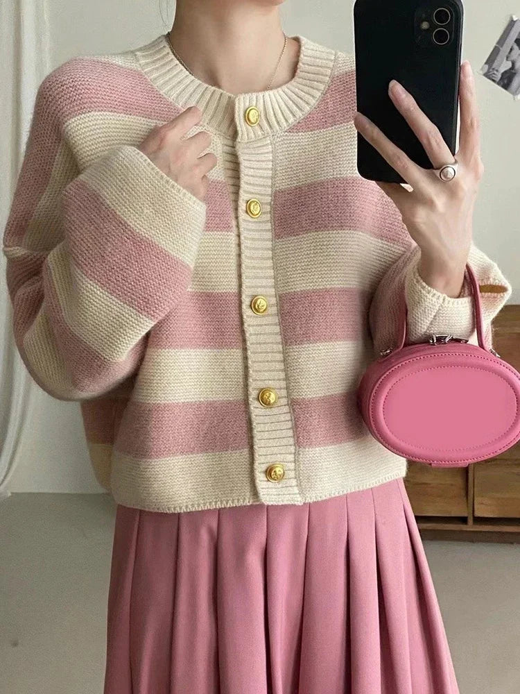 Korean fashion sweater cardigan women knitted striped sweater autumn winter long sleeve loose short cardigans female casual tops.