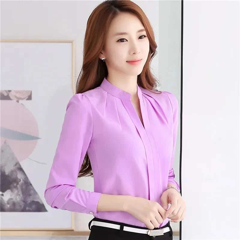 Chiffon Blouse Women Korean Fashion Women Clothing White Shirt  Long Sleeve Blouses V-neck Womens Tops Basic Shirts and Blouses.