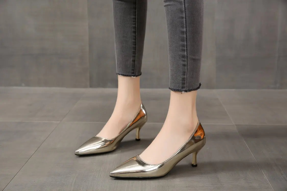 2024 Fashion Women Patent Leather High Heels Lady Pointe Toe Gold Silver Heels Pumps Female Wedding Bridal Shoes Plus Size 35-45 - Elevate Your Body