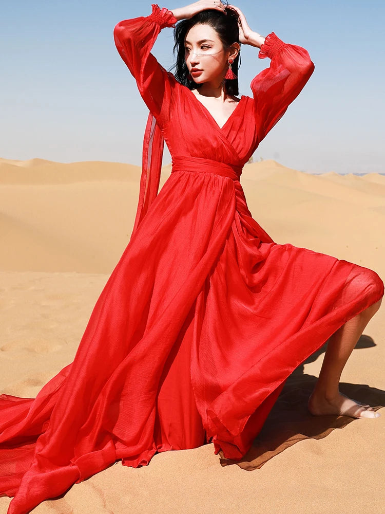 Khalee Yose Vintage Chic Boho Red Maxi Dress V-neck Long Sleeve Women Sexy Ladies Ruffles Holiday Beach Dresses Vestidos 23XXXL.