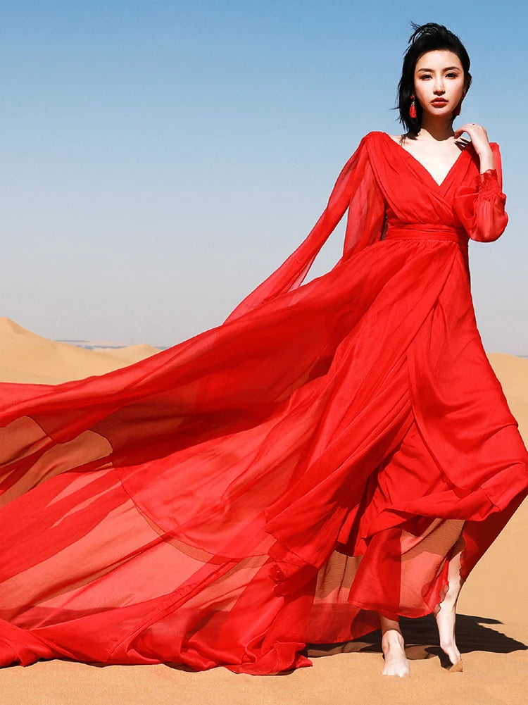 Khalee Yose Vintage Chic Boho Red Maxi Dress V-neck Long Sleeve Women Sexy Ladies Ruffles Holiday Beach Dresses Vestidos 23XXXL.