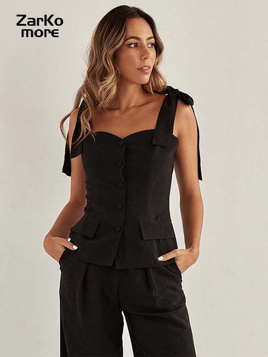 Elegant Lace Up Single Breasted Black Top Women Sleeveless Backless Slip Vest Buttons Waistcoat 2024 Summer Lady Tops Streetwear.