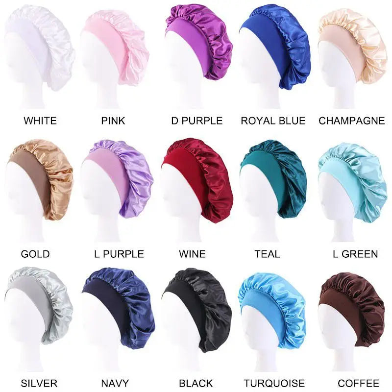 Satin Solid Wide-Brimmed Unisex Sleeping Hat - Elastic Band Hair Care Bonnet for Night Use.