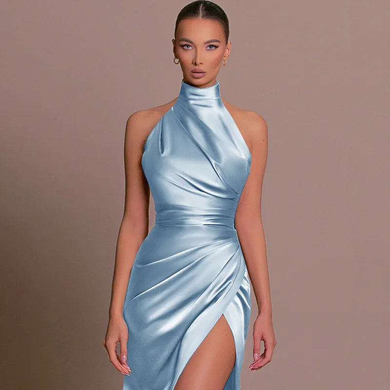 Women Elegant Long Evening Cocktail Party Dress Sexy Halter Backless Ruched High Split Bodycon Wedding Guest Bridesmaid Dress.