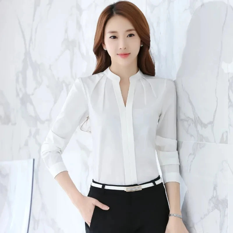 Chiffon Blouse Women Korean Fashion Women Clothing White Shirt  Long Sleeve Blouses V-neck Womens Tops Basic Shirts and Blouses.